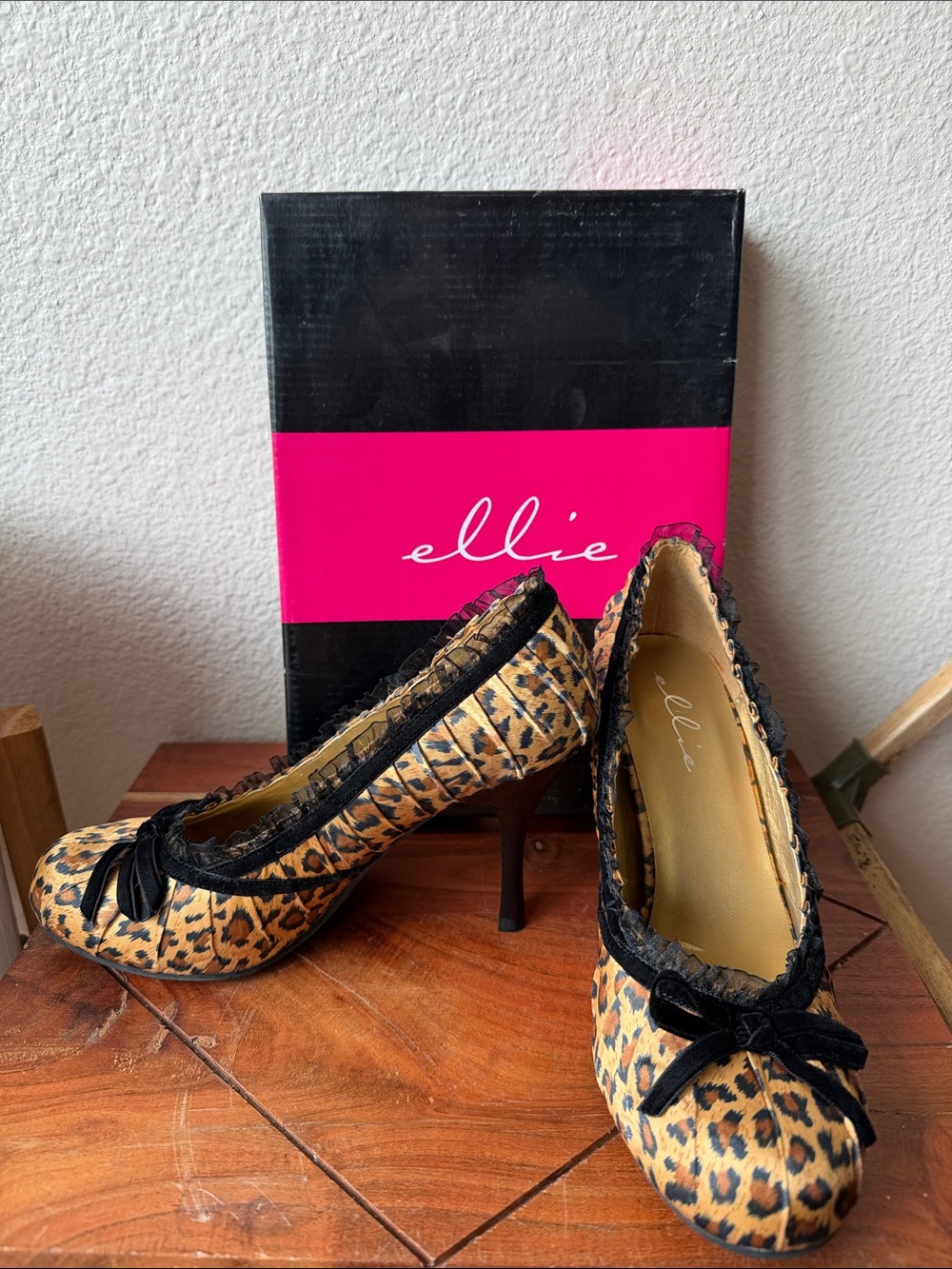 Ellie Leopard Print Heels with Black Trim and Bow